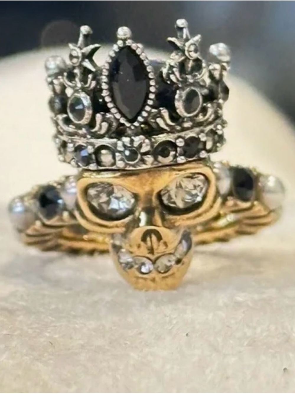 Alexander McQueen Crown Skull Ring with Black and Gold Tones